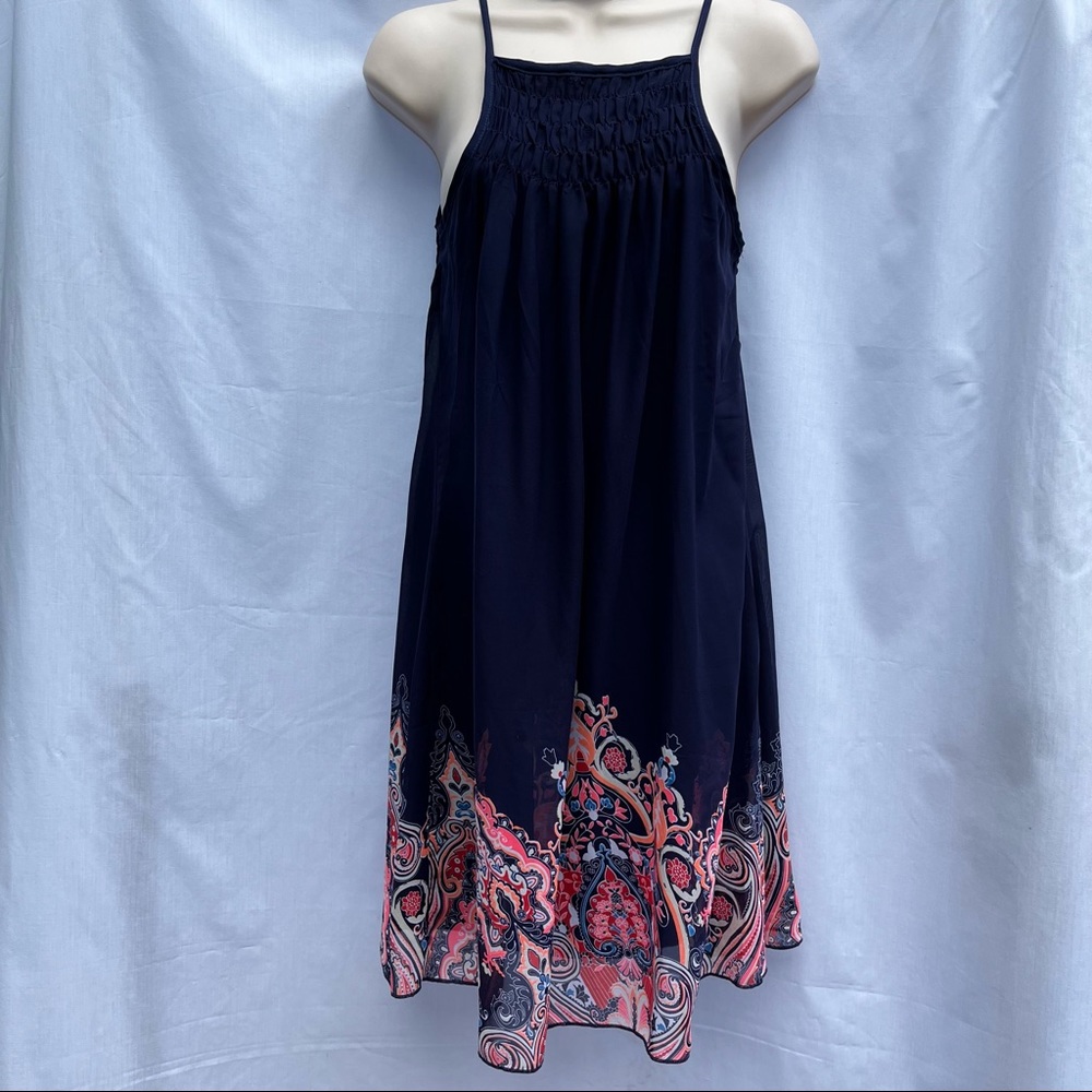 Sequin Hearts Navy Blue Smocked Sun Dress w/Coral Bohemian Print at Hem - Size S